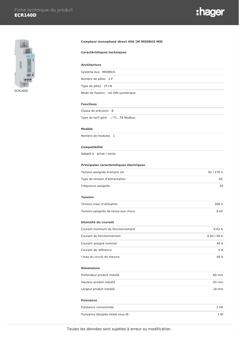 Page n°1 - Fiche technique Hager ECR140D