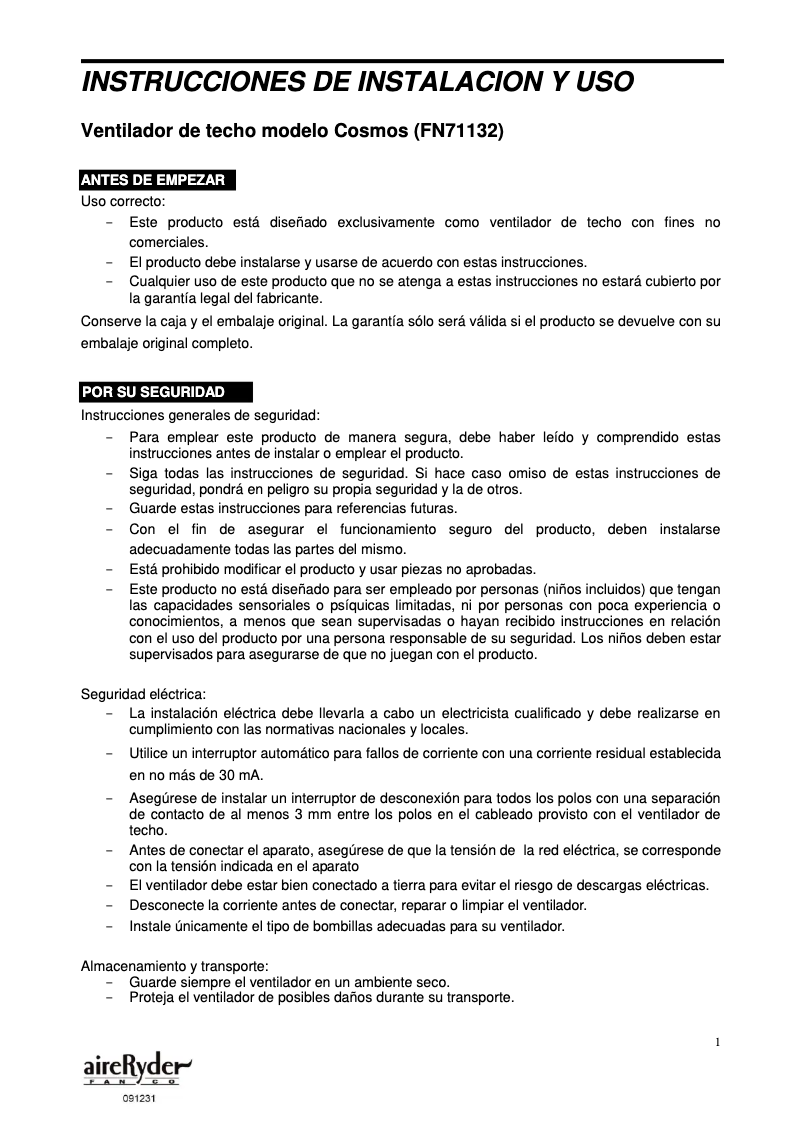Page n°1 - Manuel utilisateur AireRyder Cosmos