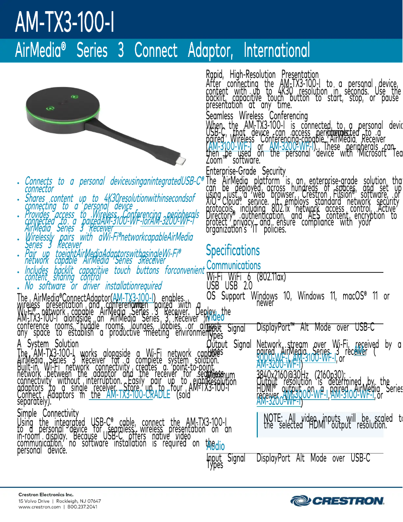 Page n°1 - Fiche technique Crestron AM-TX3-100-I