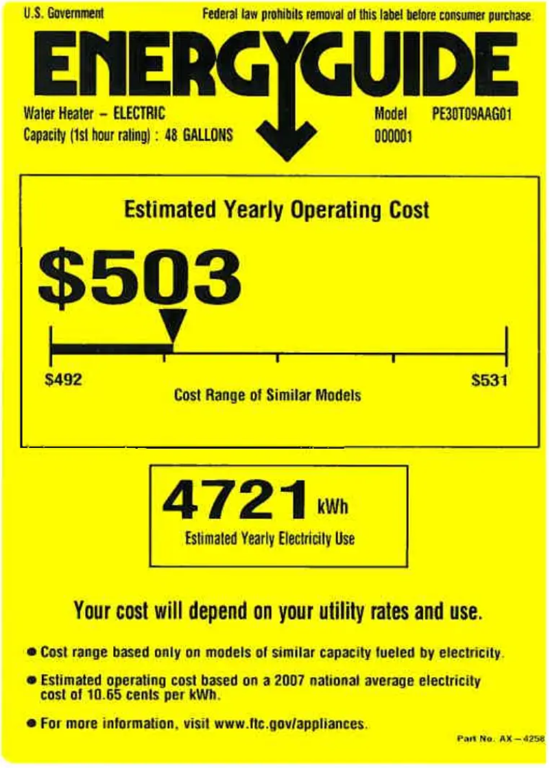 Page 1 de la notice Label énergétique GE PE30T09AAG01