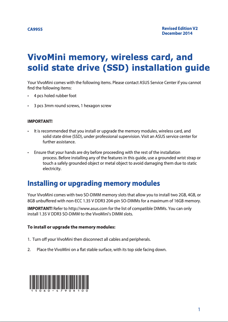 Page n°1 - Guide d'installation Asus VivoMini UN62