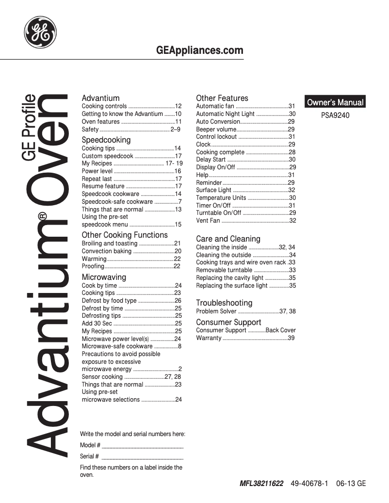 Page 1 of the manual User Manual GE PSA9240DFBB Profile