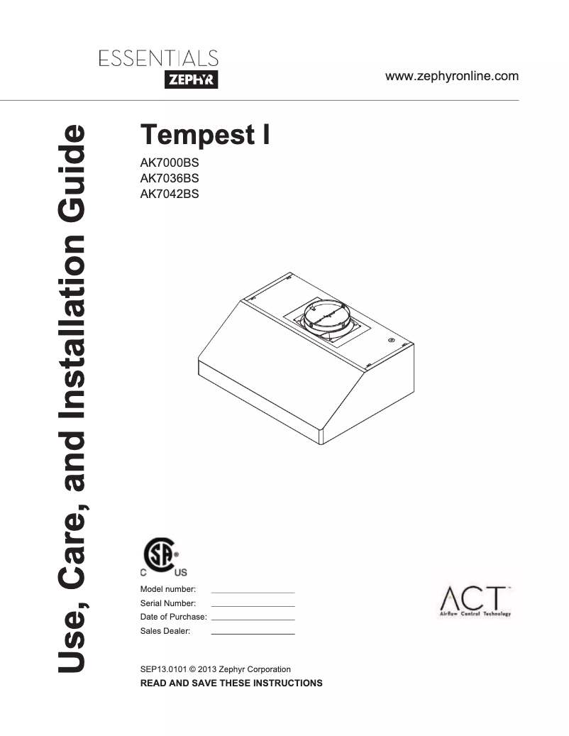 Page n°1 - Manuel d'utilisation et d'entretien Zephyr AK7036BS