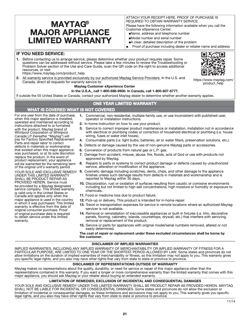 Page n°1 - Informations de garantie Maytag MGS8800FZ