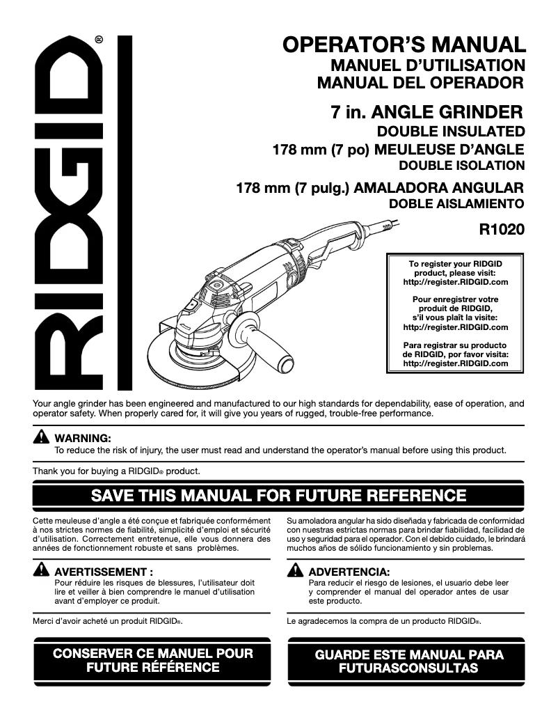 Page n°1 - Manuel utilisateur Ridgid R1020