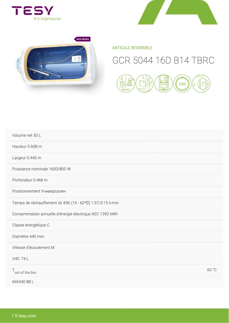 Page 1 de la notice Fiche technique Tesy Anticalc 50 Rev