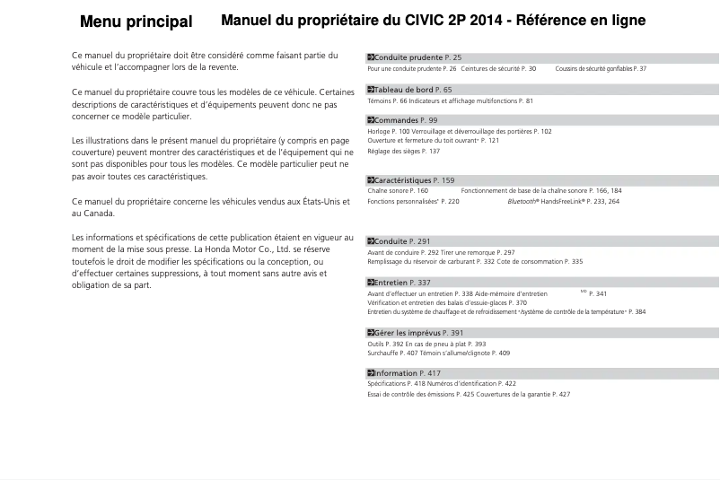 Page 1 de la notice Manuel utilisateur Honda Civic Coupe (2014)