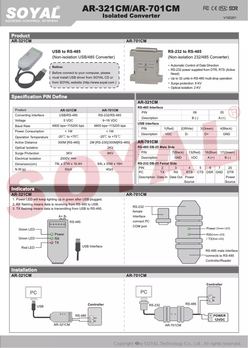 Page 1 de la notice Manuel utilisateur SOYAL AR-321CM