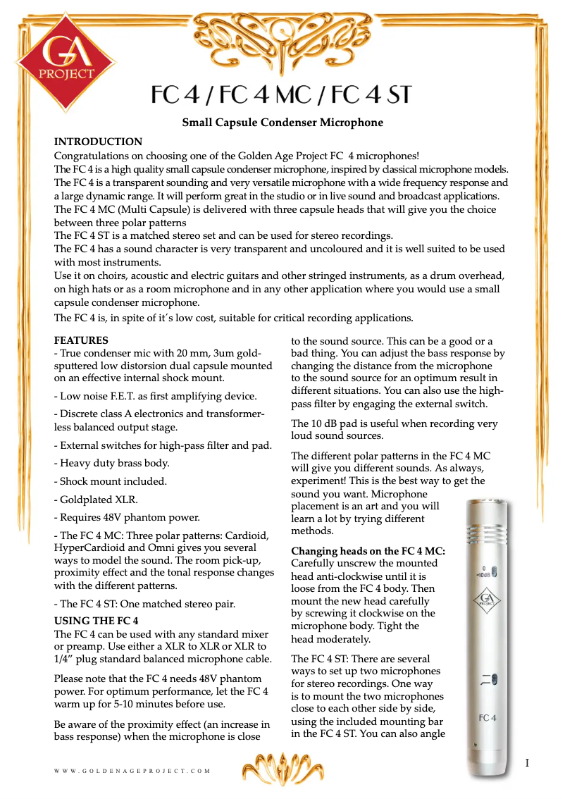 Page 1 de la notice Manuel utilisateur Golden Age Project FC 4 MC