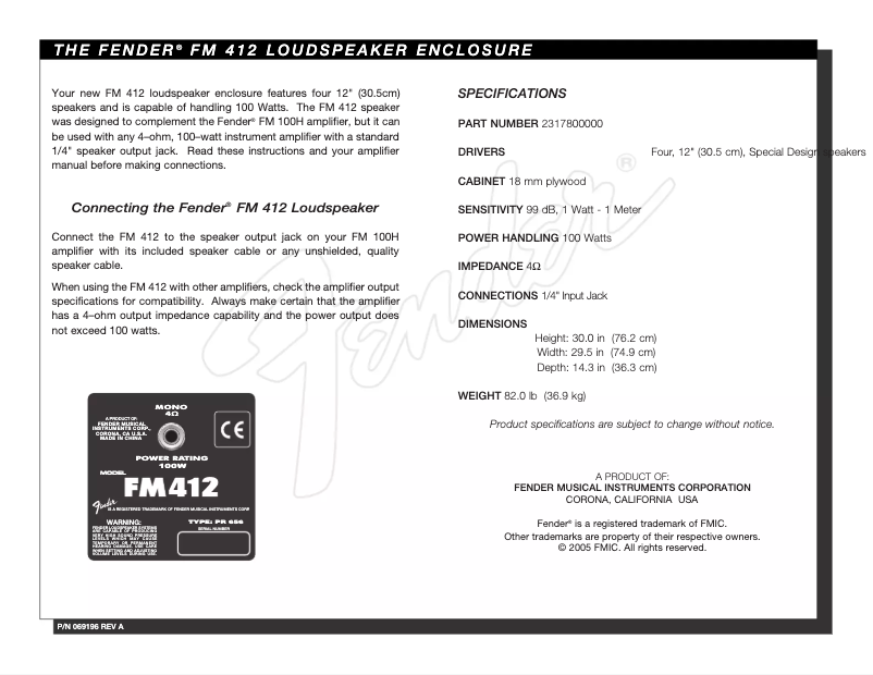 Page 1 de la notice Manuel utilisateur Fender FM 412