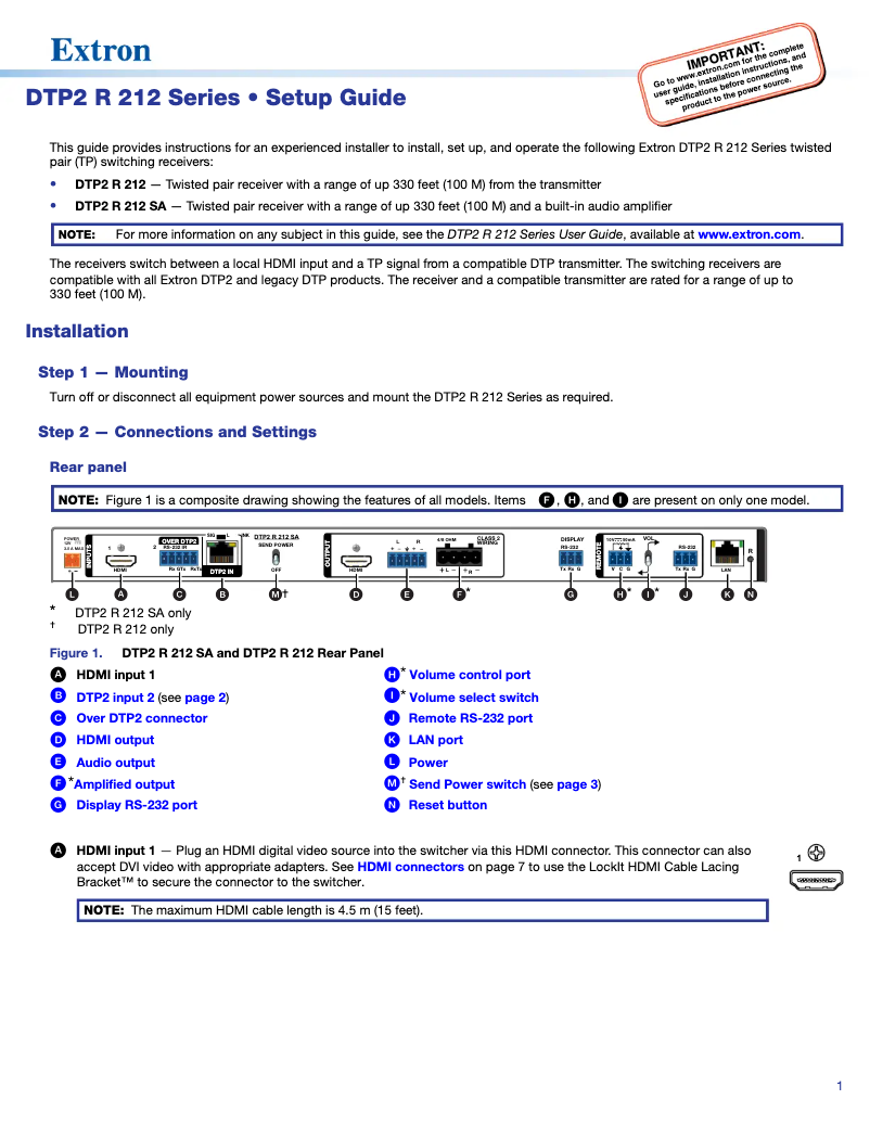 Page 1 de la notice Manuel utilisateur Extron DTP2 R 212