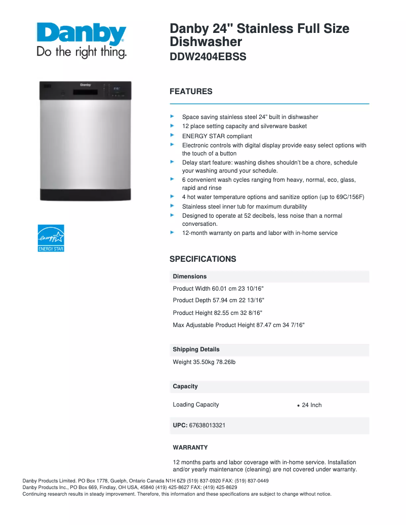 Página 1 del manual Ficha técnica Danby DDW2404EBSS
