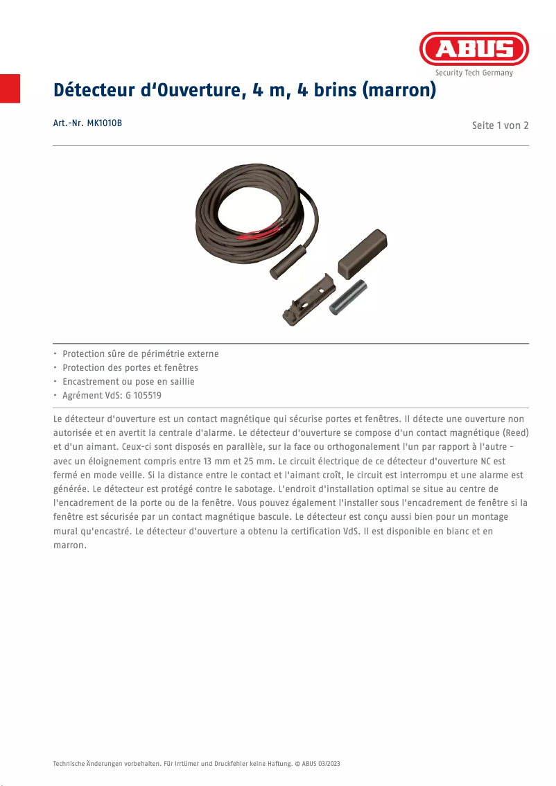 Página 1 del manual Ficha técnica Abus MK1010B