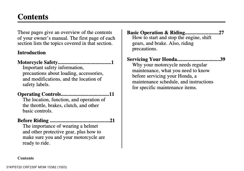 Página 1 del manual Manual de usuario Honda CRF230F (2016)