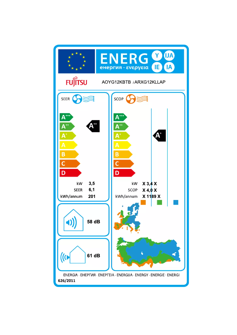 Página 1 del manual Etiqueta energética Fujitsu ARXG12KLLAP