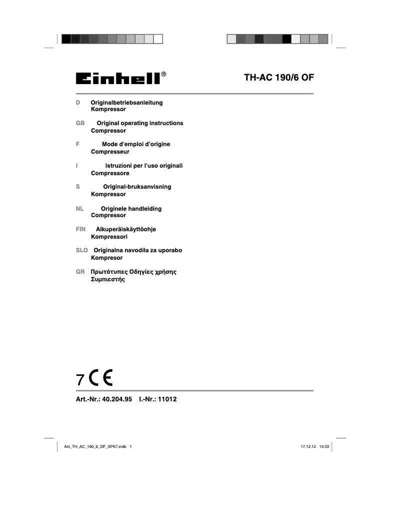 Page 1 de la notice Manuel utilisateur Einhell TH-AC 190/6 OF