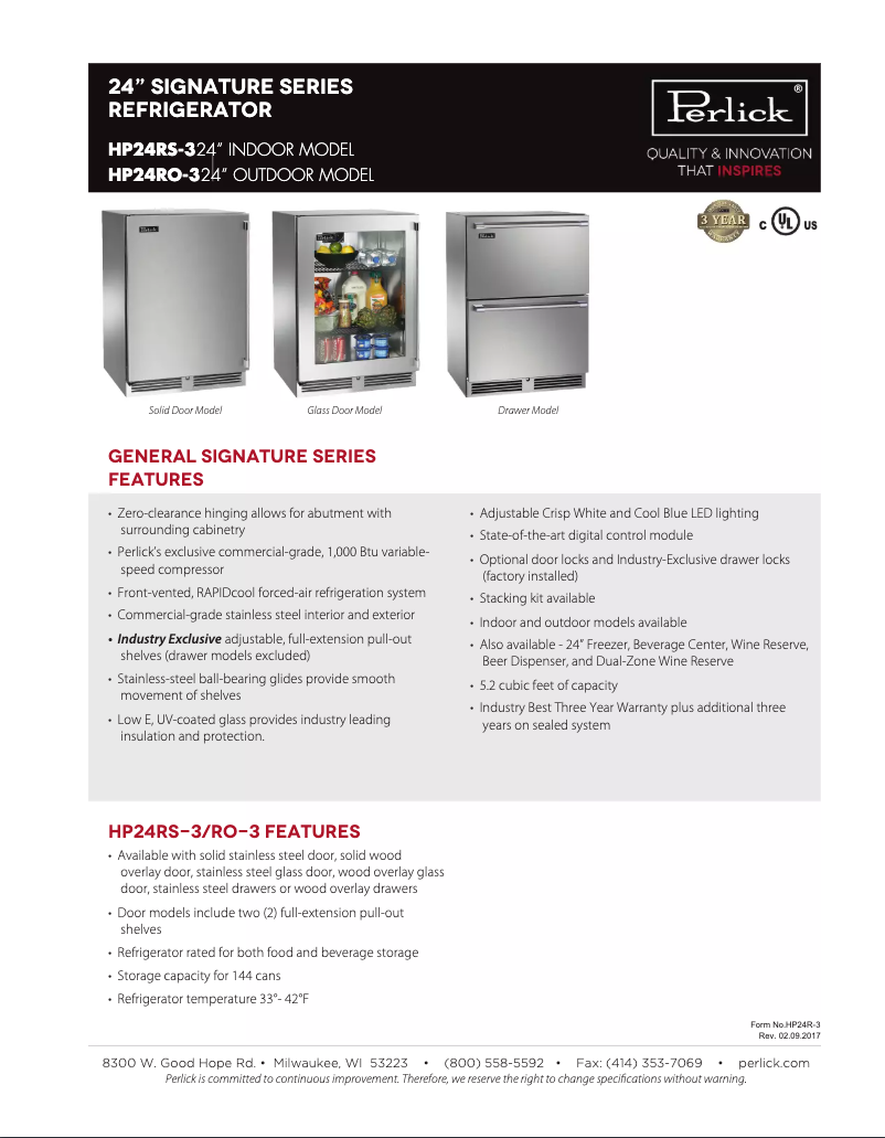 Page n°1 - Fiche technique Perlick HP24RO-3-3L