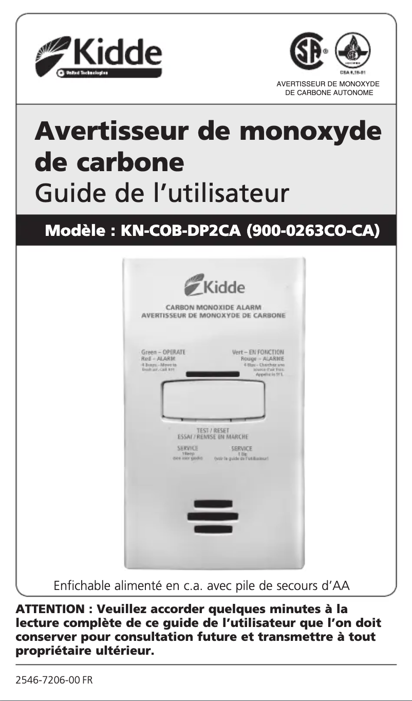 Page n°1 - Manuel utilisateur Kidde 900-0263CO-CA