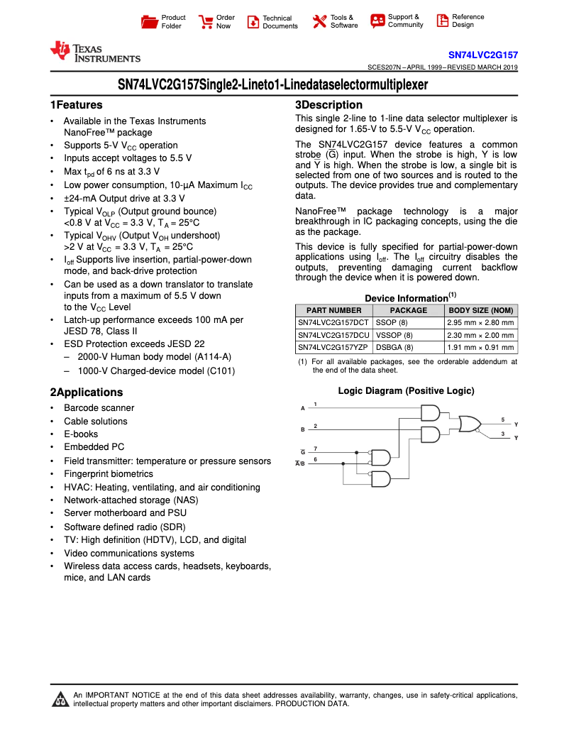 Page 1 de la notice Manuel utilisateur Texas Instruments SN74LVC2G157DCUR
