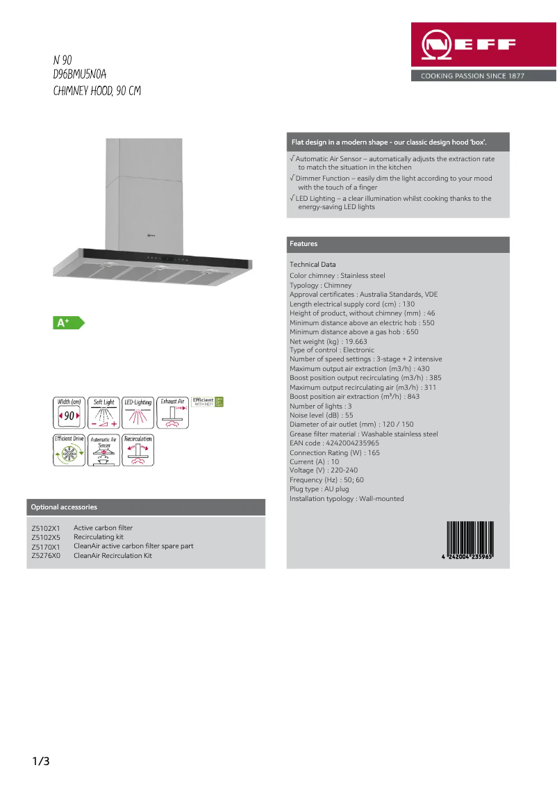 Page 1 of the manual Technical Sheet Neff D96BMU5N0A