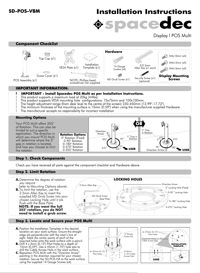 Page n°1 - Manuel utilisateur Spacedec SD-POS-VBM