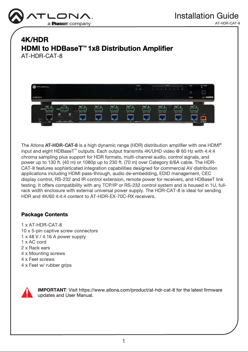 Page 1 de la notice Guide d'installation Atlona AT-HDR-CAT-8