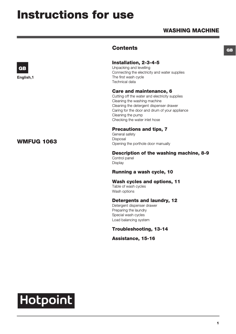 Page 1 de la notice Manuel utilisateur Hotpoint WMFUG 1063P UK