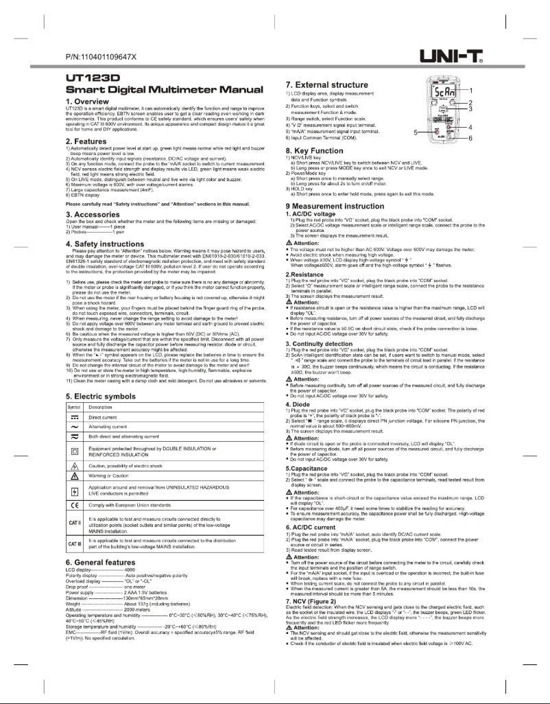 Page n°1 - Manuel utilisateur Uni-T UT123D