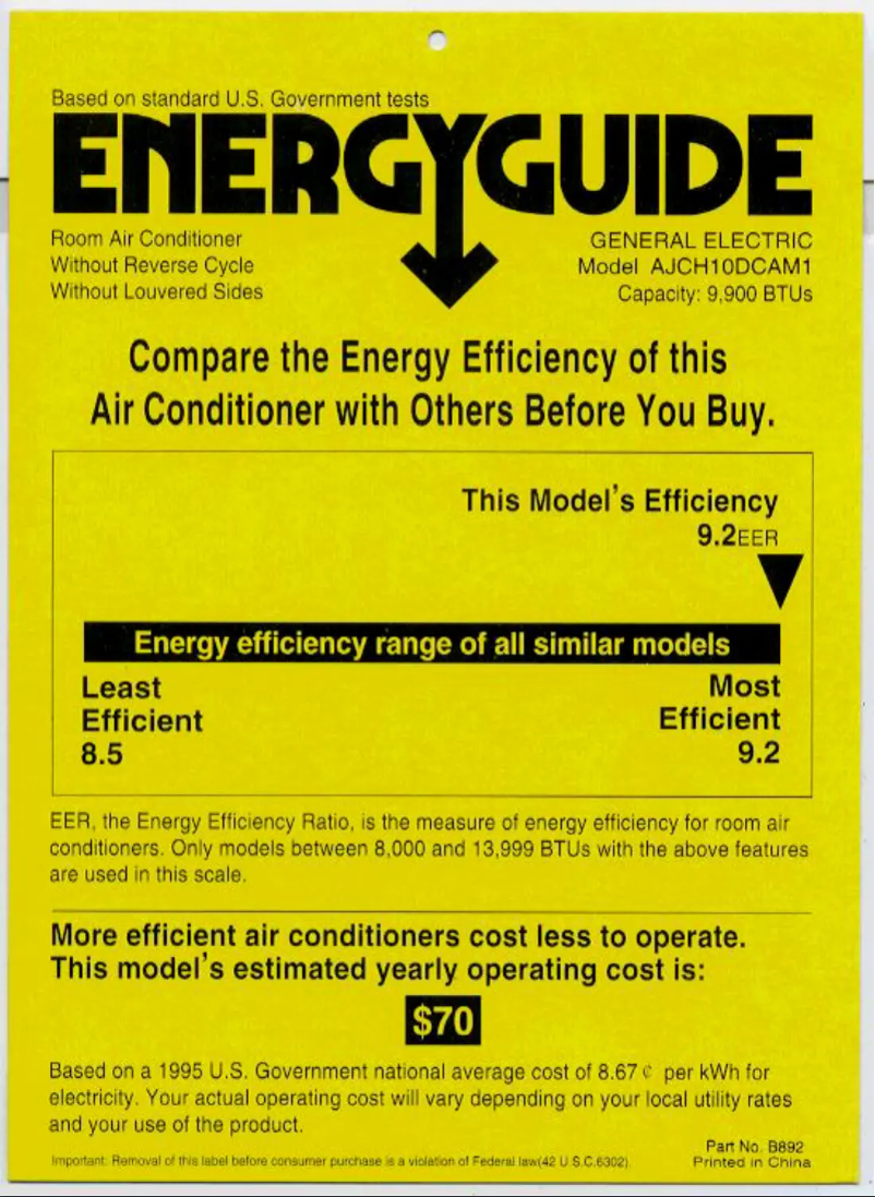 Page 1 of the manual Energy Label GE AJCH10DCA