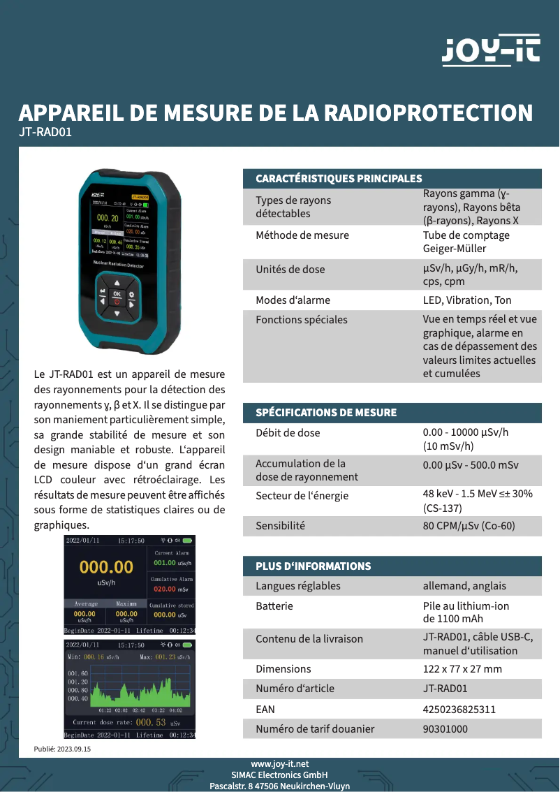 Page 1 de la notice Fiche technique Joy-It JT-RAD01