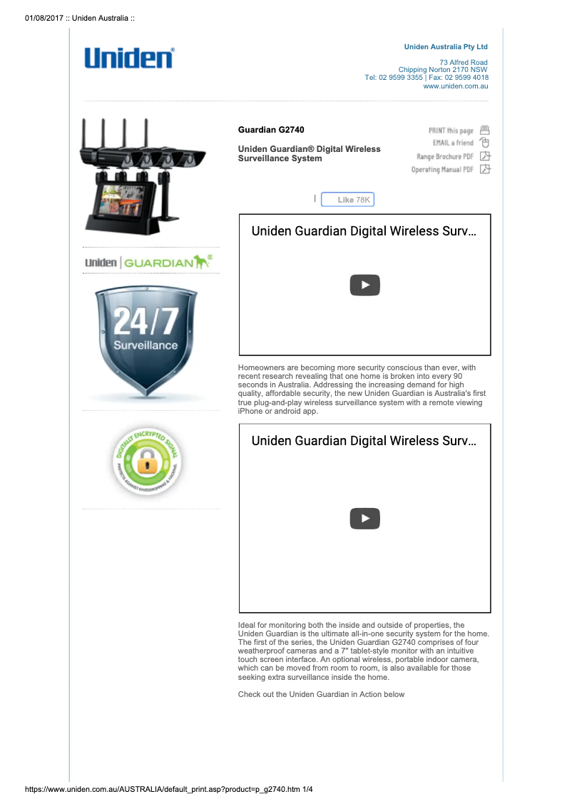 Page 1 de la notice Manuel utilisateur Uniden Guardian G2740