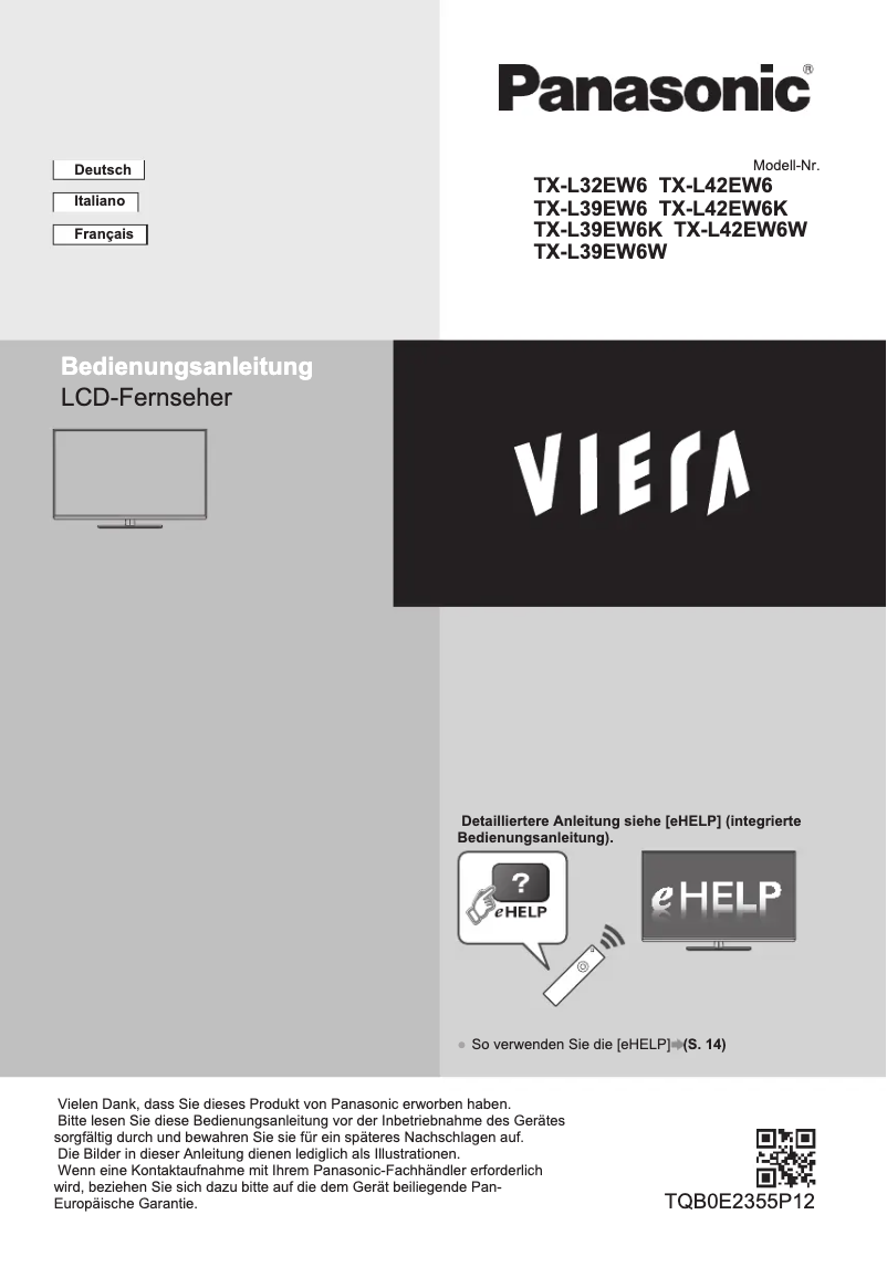 Page 1 de la notice Manuel utilisateur Panasonic Viera TX-L39EW6K