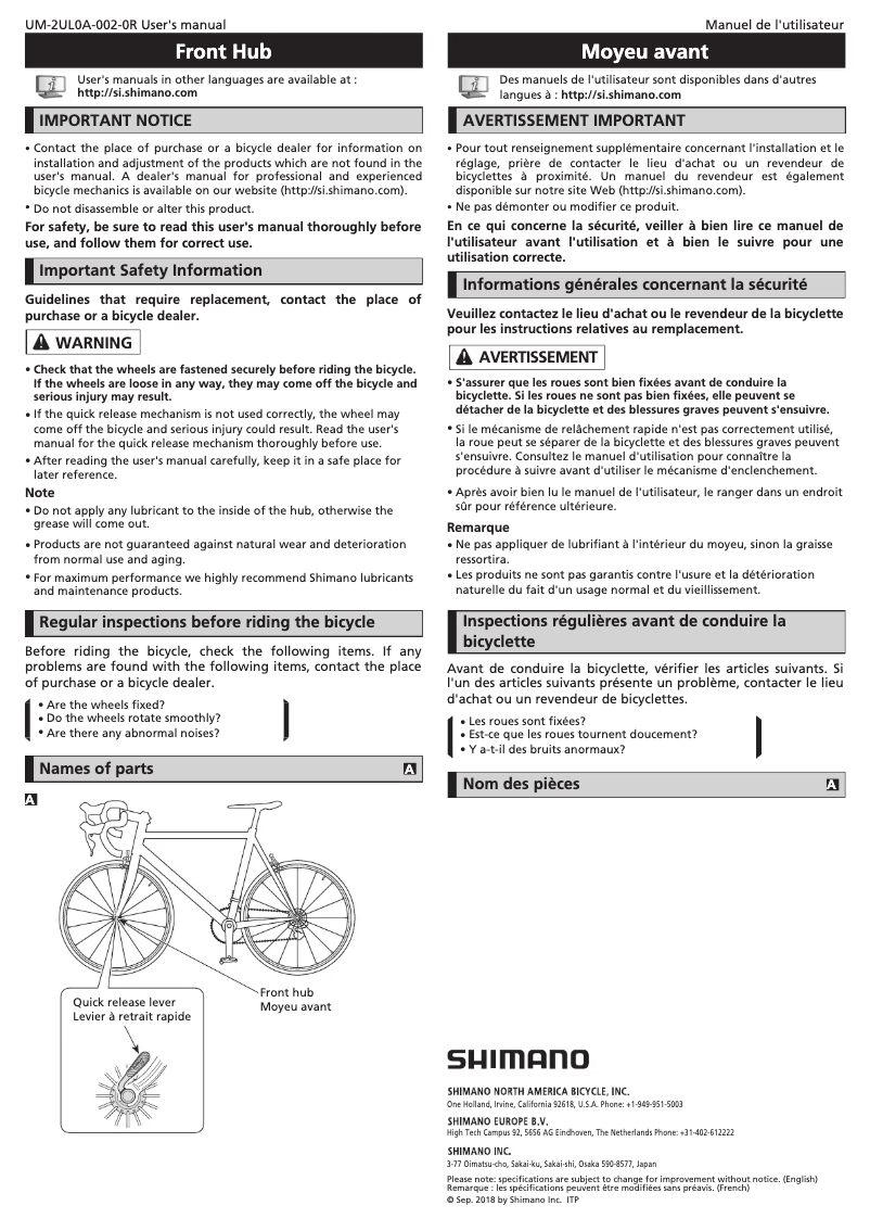 Page 1 de la notice Manuel utilisateur Shimano HB-T3000