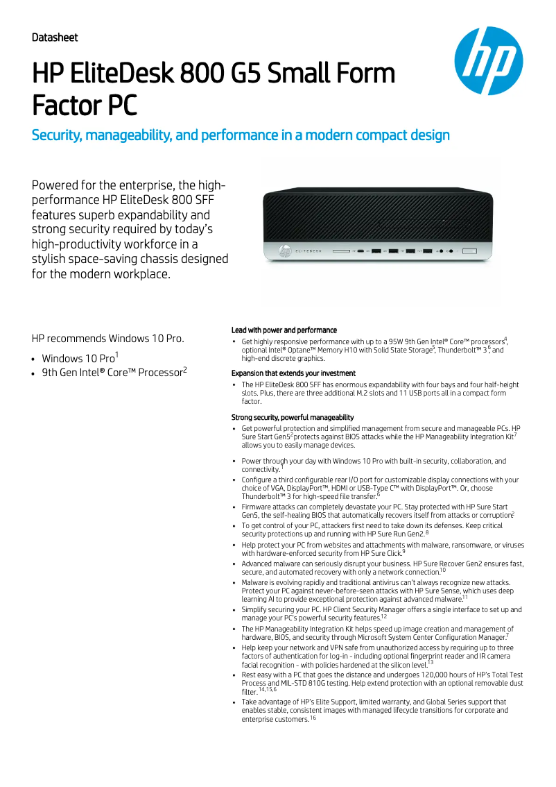 Page 1 de la notice Fiche technique HP EliteOne 800 G5