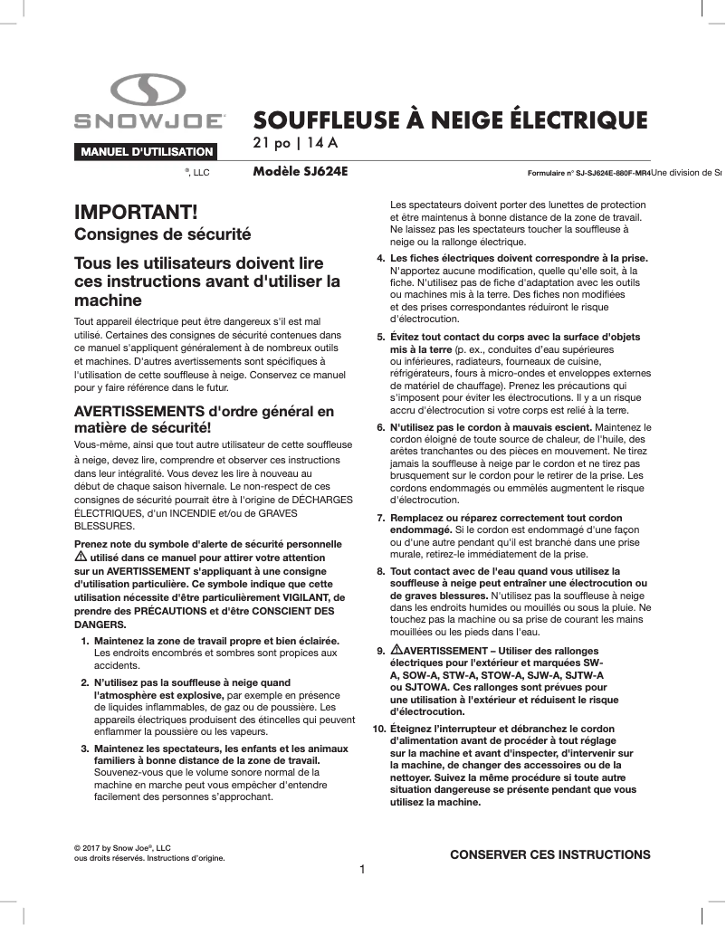 Page 1 de la notice Manuel utilisateur Sun Joe SJ624E