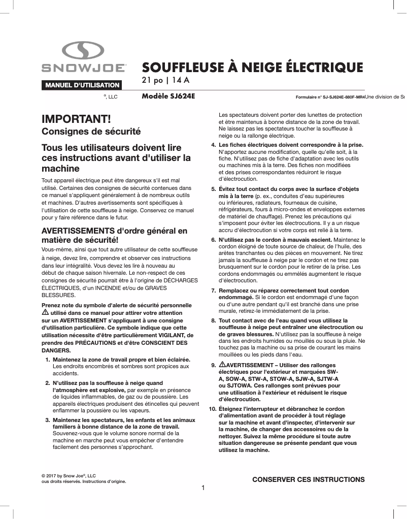 Page n°1 - Manuel utilisateur Sun Joe SJ624E