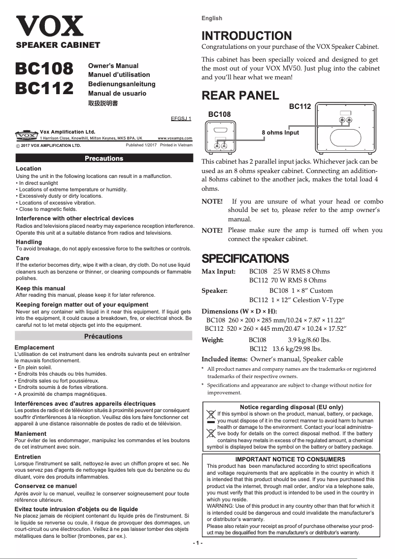 Page 1 de la notice Manuel utilisateur VOX BC108
