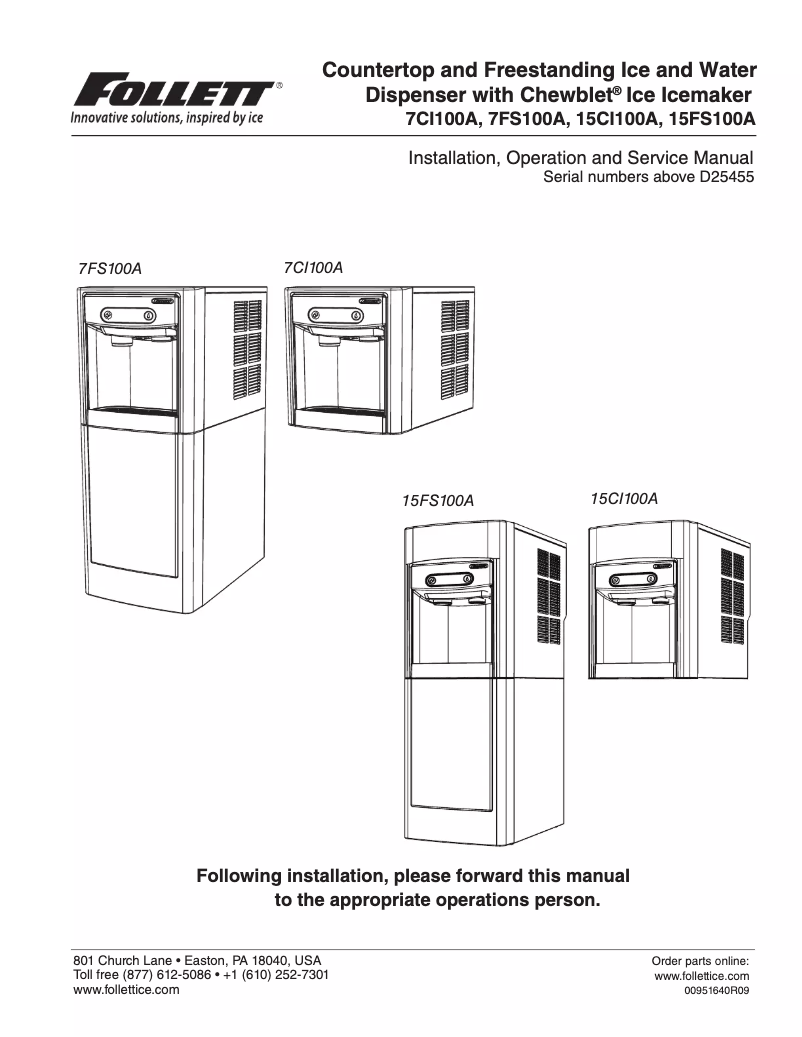 Page 1 de la notice Manuel d'utilisation et d'entretien Follett 15CI100A-IW-CF-ST-00