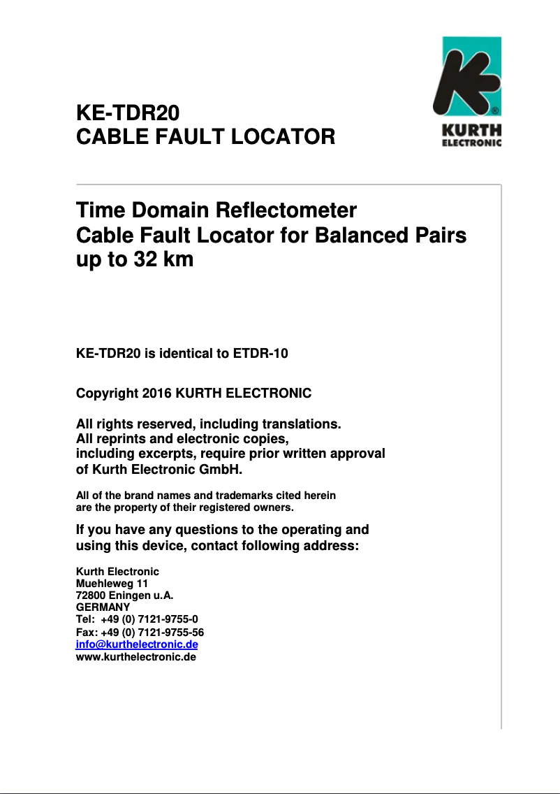 Page 1 de la notice Manuel utilisateur Kurth Electronic KE-TDR20