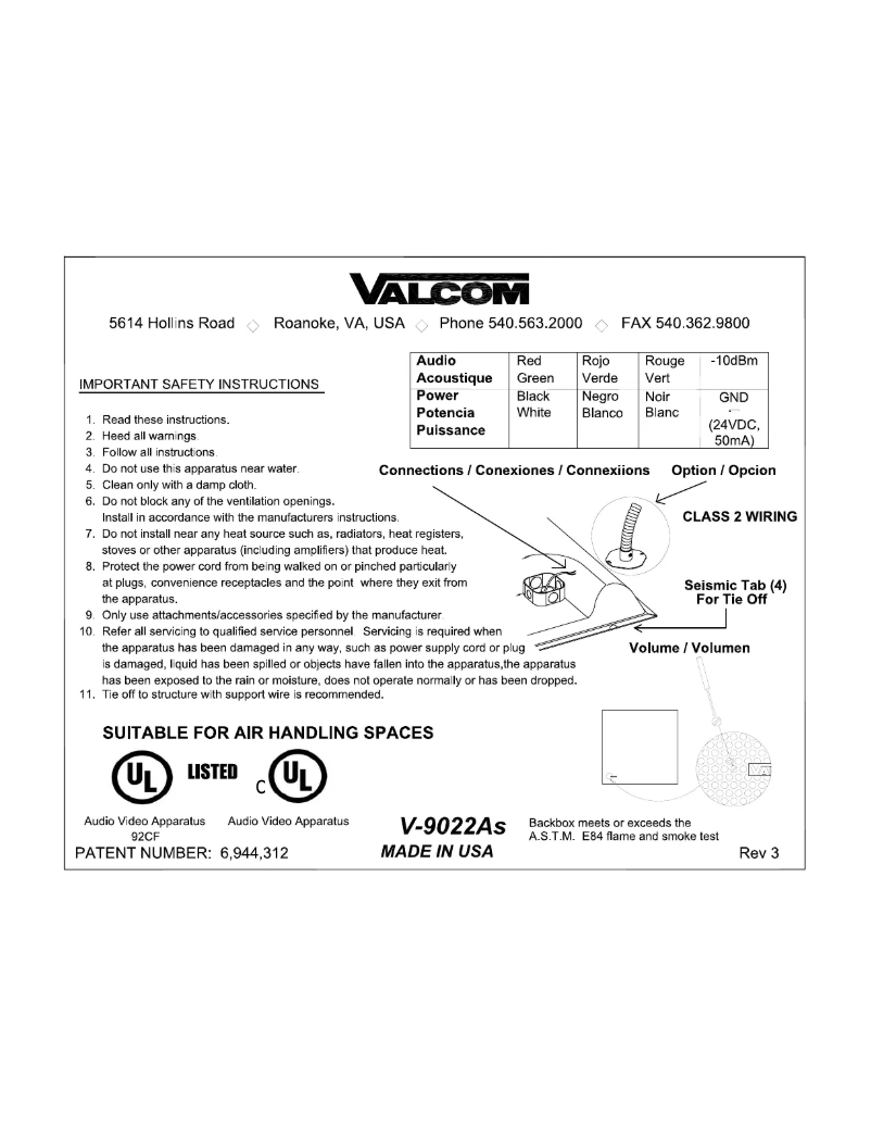 Page n°1 - Manuel utilisateur Valcom V-9022A