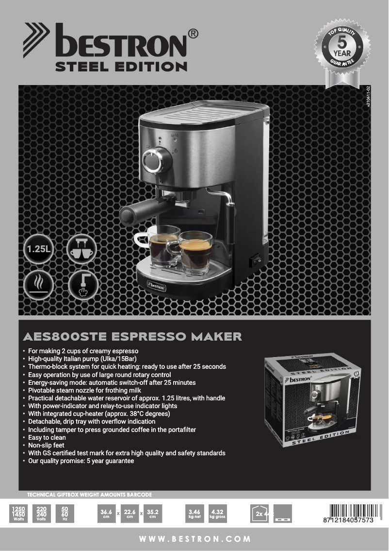 Page 1 de la notice Fiche technique Bestron AES800STE