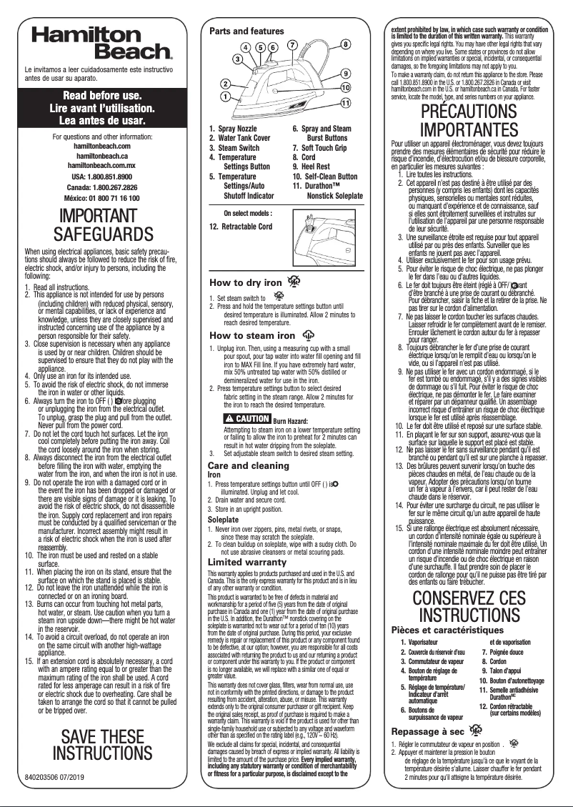 Page n°1 - Manuel utilisateur Hamilton Beach Durathon 19902F