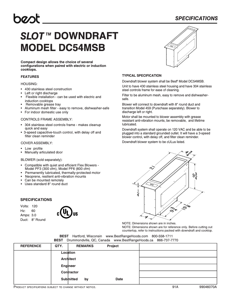 Página 1 del manual Ficha técnica Best DC54MSB