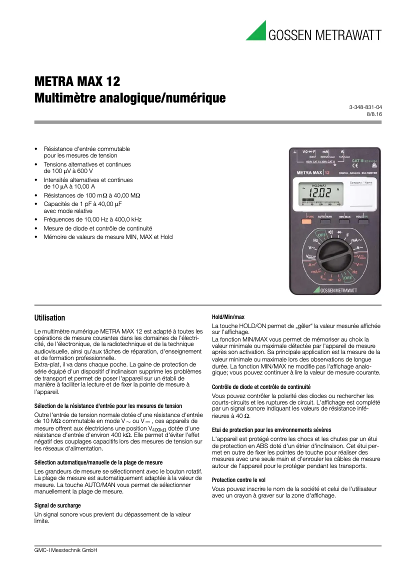 Page 1 de la notice Fiche technique Gossen Metrawatt METRAmax 12