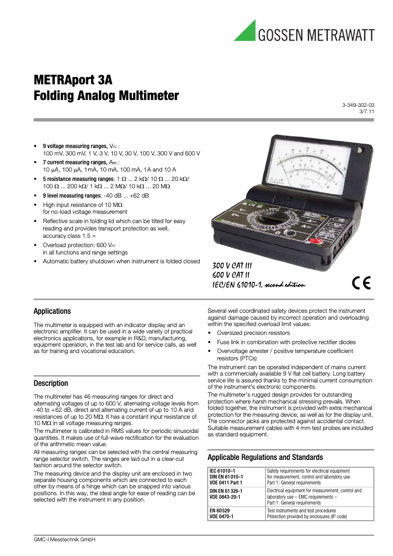 Page n°1 - Fiche technique Gossen Metrawatt METRAport 3A