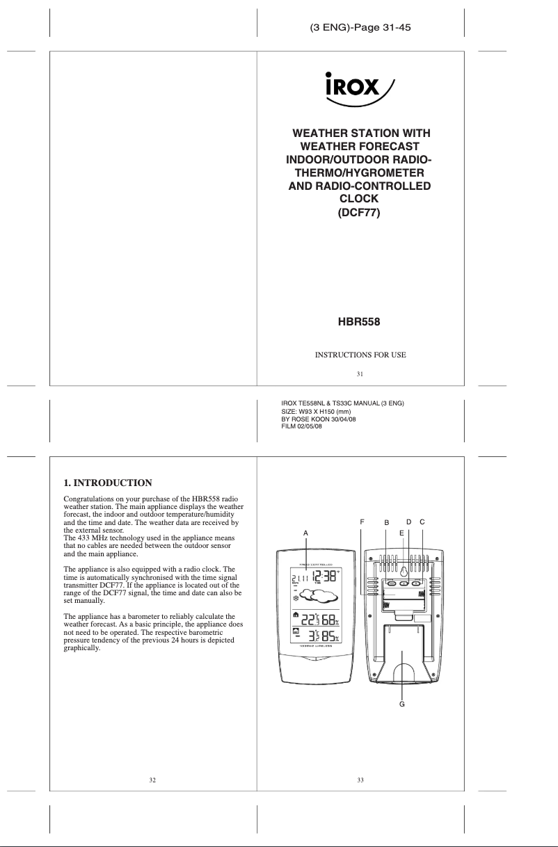 Page 1 de la notice Manuel utilisateur Irox HBR558