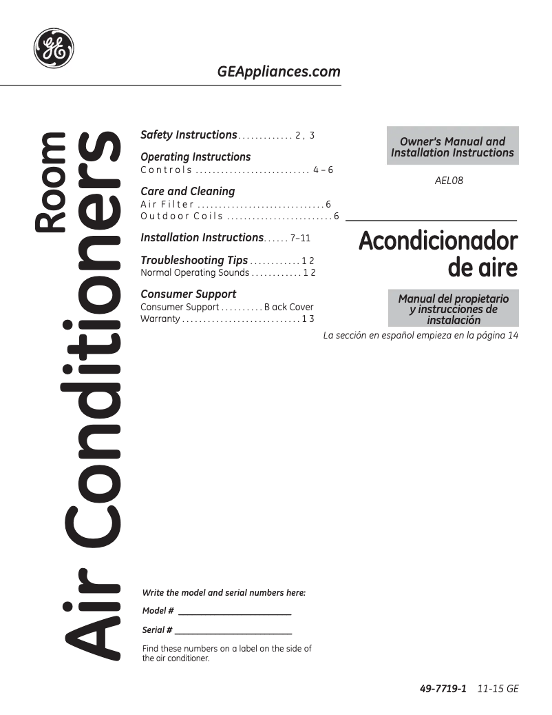 Page n°1 - Guide d'installation GE AEL08LV