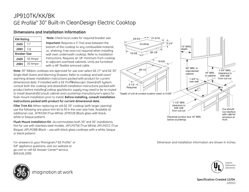 Page 1 of the manual Technical Sheet GE Profile JP910TKWW