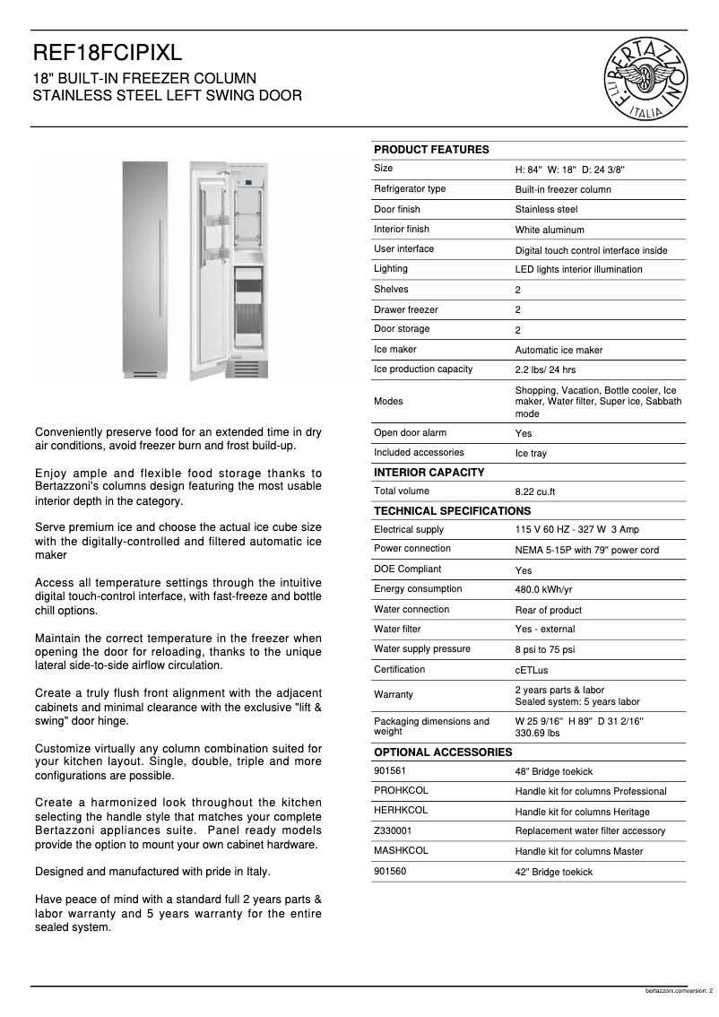 Page 1 de la notice Fiche technique Bertazzoni REF18FCIPIXL