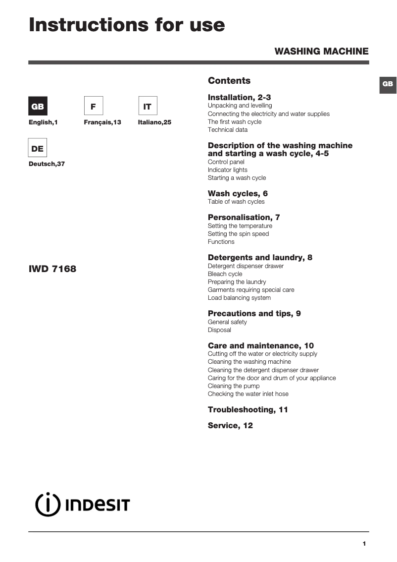 Image de la première page du manuel de l'appareil IWD7168